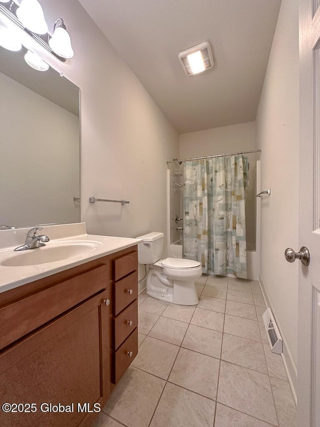 full bathroom featuring visible vents, toilet, shower / bath combo, vanity, and tile patterned floors