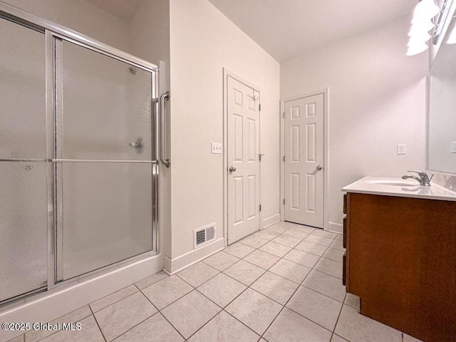 full bath featuring visible vents, a stall shower, vanity, and tile patterned floors