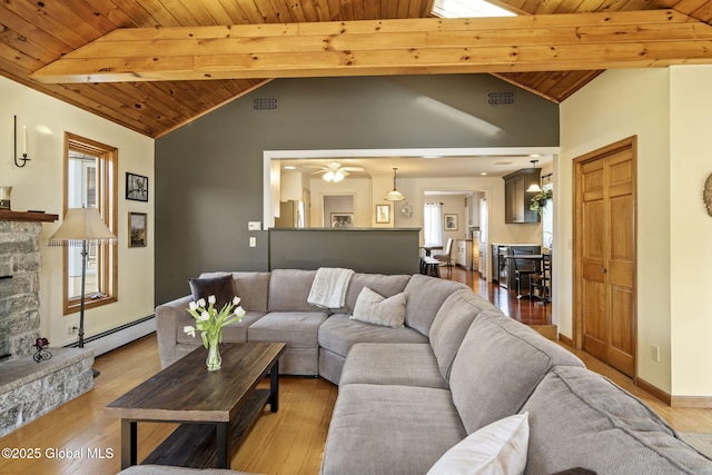 living area with a baseboard radiator, visible vents, vaulted ceiling with beams, and a stone fireplace