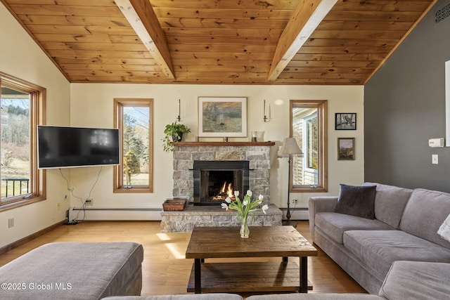 living room with lofted ceiling with beams, baseboard heating, and a wealth of natural light