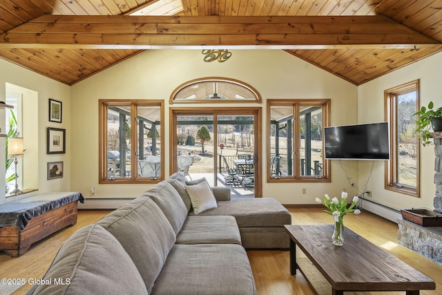 living area featuring wood ceiling, vaulted ceiling, a baseboard radiator, and light wood-style flooring