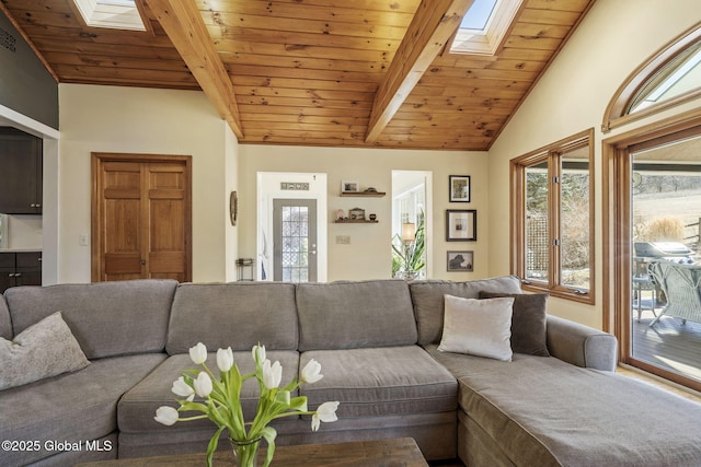 living room with lofted ceiling with skylight and wood ceiling