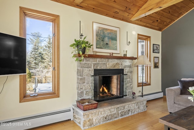 living area featuring a stone fireplace, baseboard heating, wood finished floors, and wood ceiling