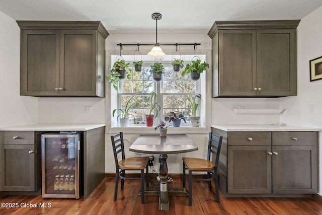 kitchen featuring dark brown cabinets, beverage cooler, dark wood finished floors, and light countertops