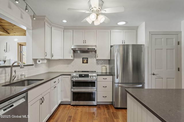 kitchen with decorative backsplash, dark countertops, stainless steel appliances, under cabinet range hood, and a sink