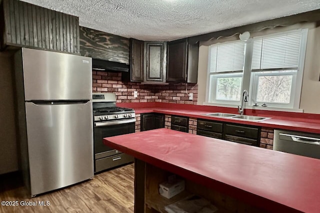 kitchen with under cabinet range hood, stainless steel appliances, a textured ceiling, light wood-style floors, and a sink