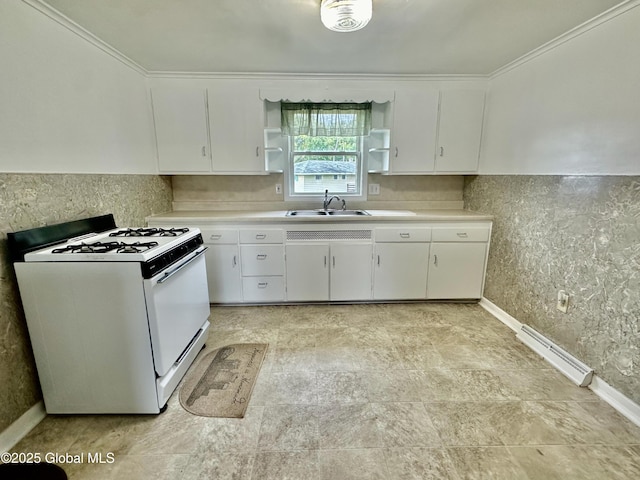 kitchen featuring a sink, open shelves, white gas range, and light countertops