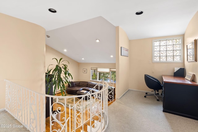 carpeted home office featuring lofted ceiling, baseboards, and recessed lighting