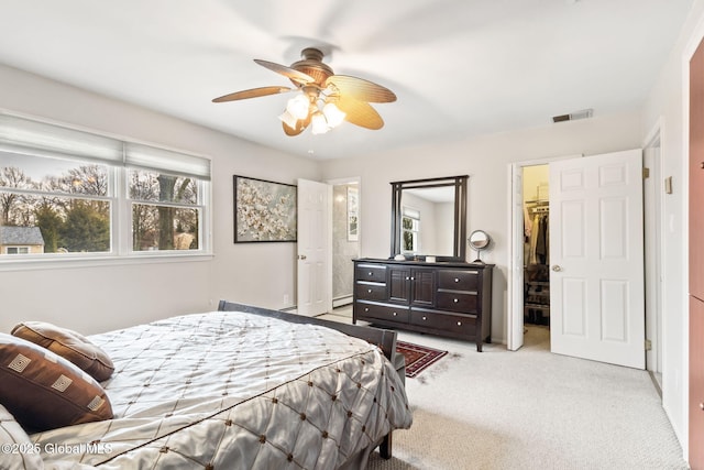 bedroom featuring ceiling fan, carpet flooring, visible vents, a closet, and a walk in closet