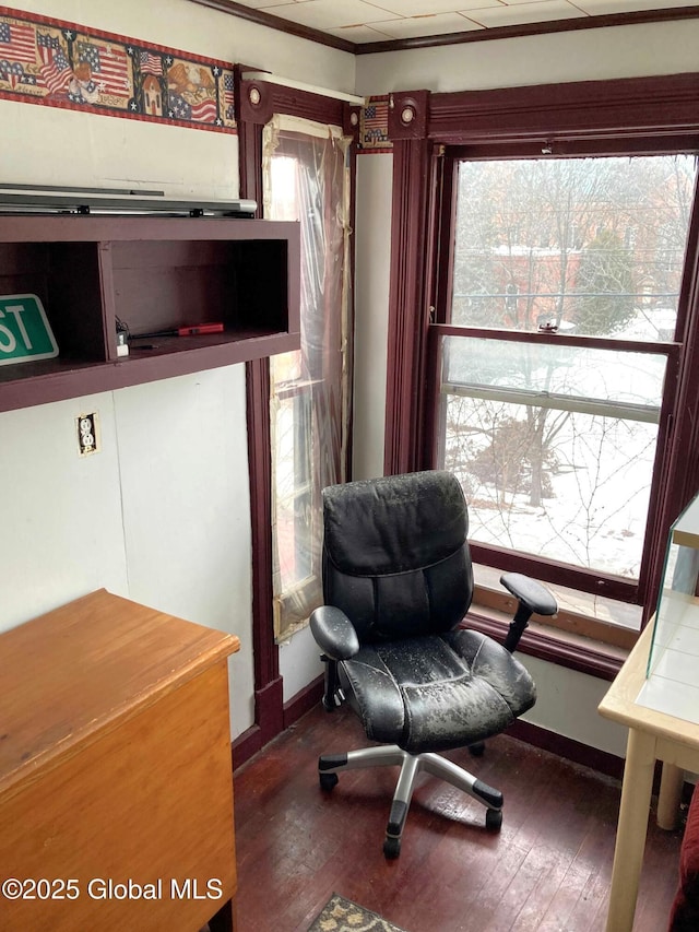 sitting room featuring dark wood-type flooring, a healthy amount of sunlight, and baseboards