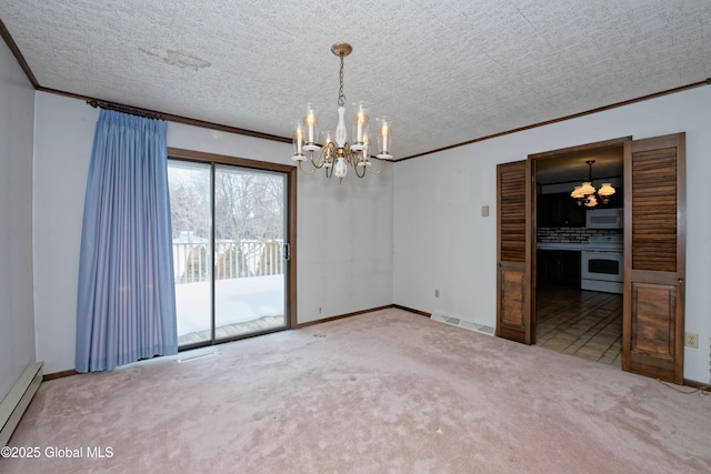 empty room featuring carpet floors, a baseboard radiator, visible vents, and an inviting chandelier