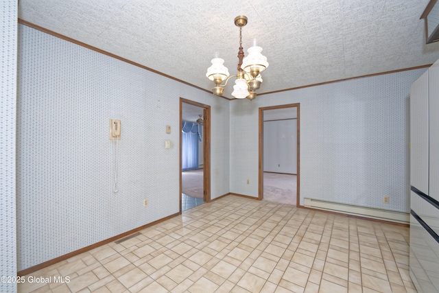 unfurnished room featuring a baseboard heating unit, wallpapered walls, a notable chandelier, and crown molding