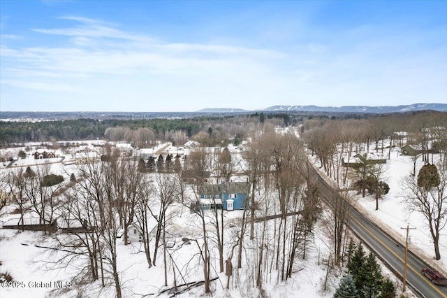 snowy aerial view featuring a mountain view