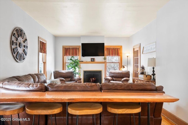 living room with a lit fireplace, baseboards, and wood finished floors