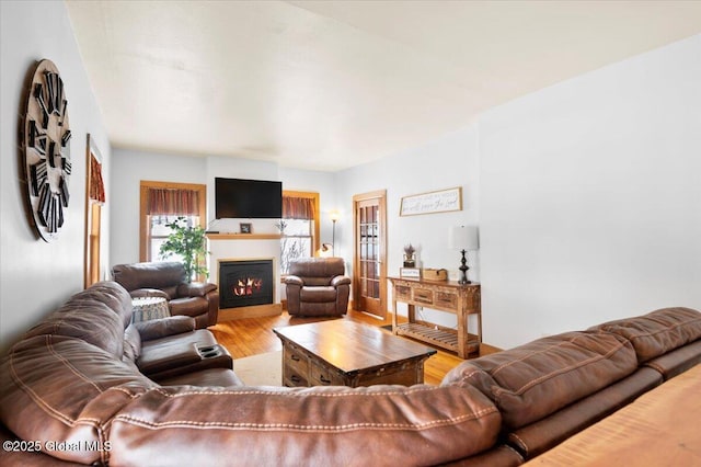 living area featuring a warm lit fireplace and light wood-style flooring