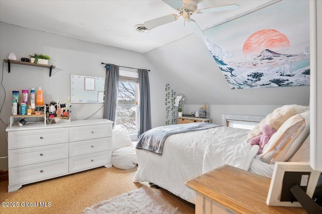 bedroom featuring vaulted ceiling, ceiling fan, light carpet, and visible vents