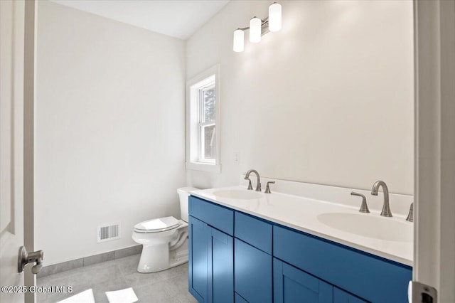 full bathroom featuring double vanity, visible vents, a sink, and toilet