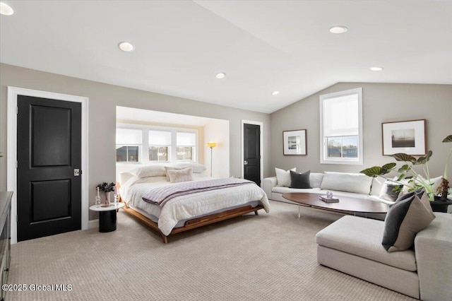 bedroom featuring recessed lighting, carpet, and vaulted ceiling