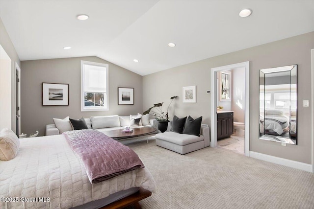 bedroom with carpet flooring, recessed lighting, baseboards, and vaulted ceiling