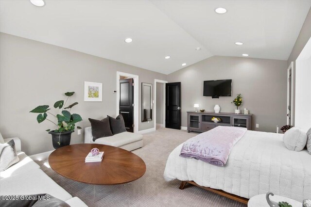 bedroom with vaulted ceiling, recessed lighting, light colored carpet, and baseboards