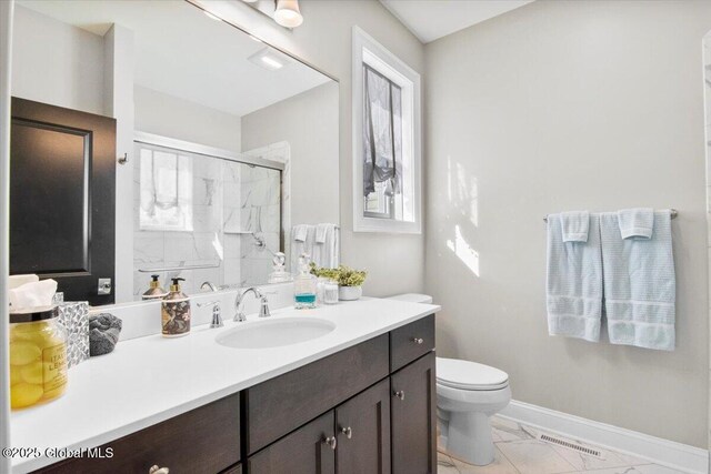 full bath with marble finish floor, a healthy amount of sunlight, visible vents, and a marble finish shower