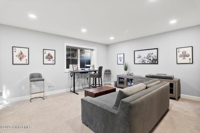 living area featuring recessed lighting, light colored carpet, visible vents, and baseboards