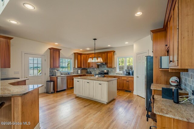 kitchen featuring stainless steel appliances, a wealth of natural light, brown cabinetry, and light wood-style floors