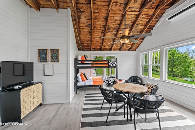 interior space with lofted ceiling with beams, wooden ceiling, wooden walls, wood finished floors, and visible vents