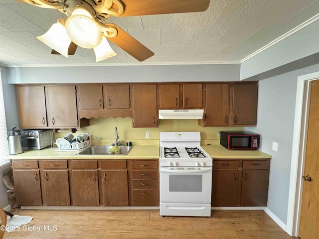 kitchen with light wood-style floors, white gas range, light countertops, under cabinet range hood, and a sink