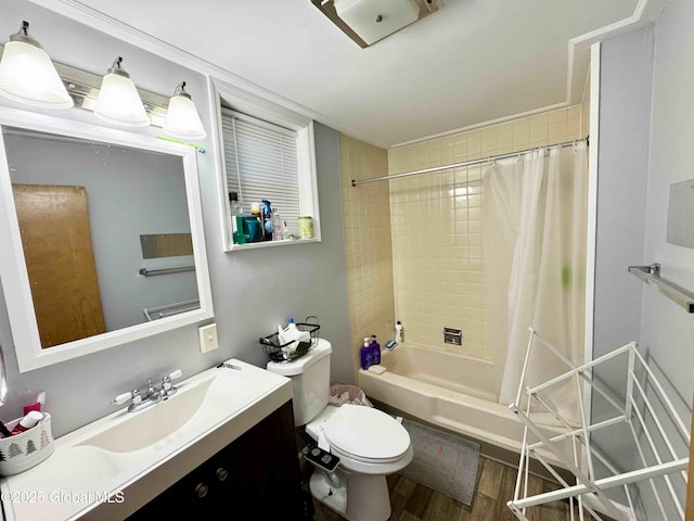 bathroom with toilet, shower / tub combo, wood finished floors, and vanity