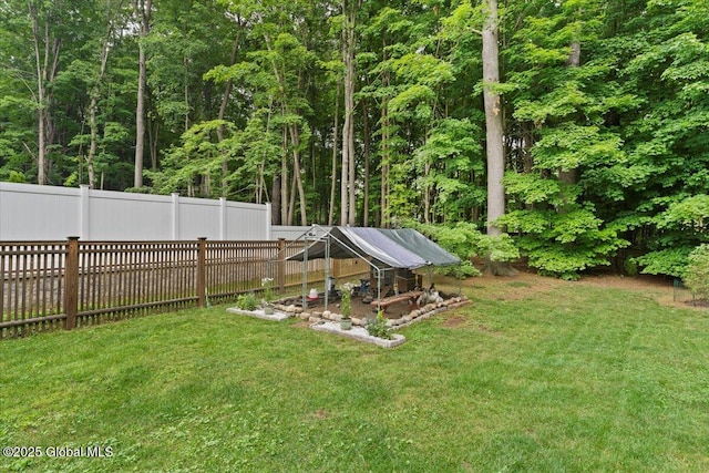 view of yard featuring a wooded view and a fenced backyard