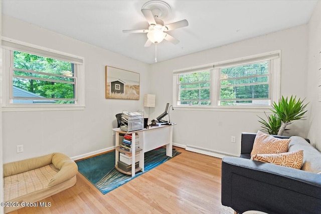 office with a ceiling fan, baseboards, baseboard heating, and wood finished floors