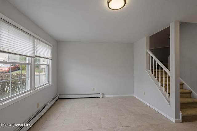 unfurnished room featuring stairway, baseboard heating, and baseboards