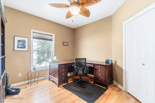 office area with ceiling fan, light wood finished floors, visible vents, and baseboards