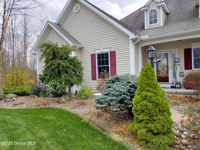 view of front of house with a shingled roof and a front lawn