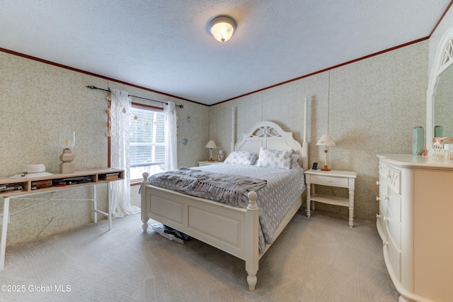 2 S Forty Rd, Hadley, NY 12835 - bedroom featuring wallpapered walls, a textured ceiling, light colored carpet, and ornamental molding