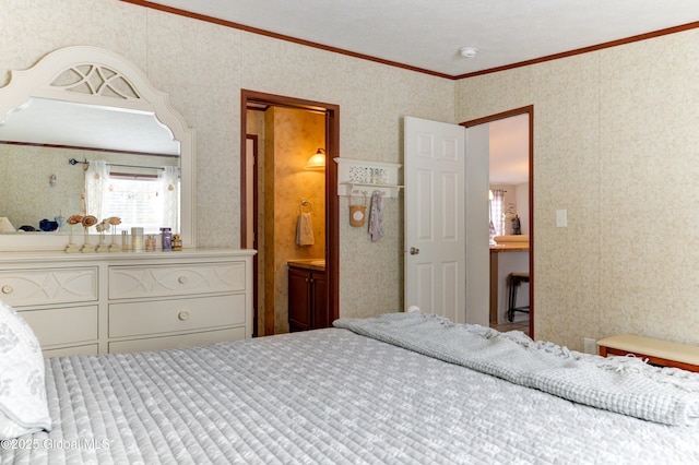 2 S Forty Rd, Hadley, NY 12835 - bedroom featuring wallpapered walls, ensuite bath, and crown molding