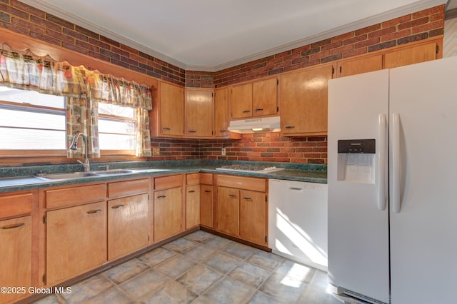 kitchen featuring white appliances, a sink, under cabinet range hood, ornamental molding, and dark countertops