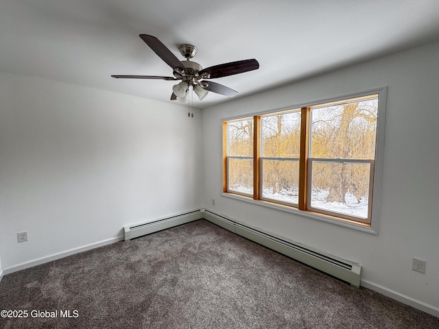 spare room featuring carpet floors, a baseboard radiator, and a healthy amount of sunlight