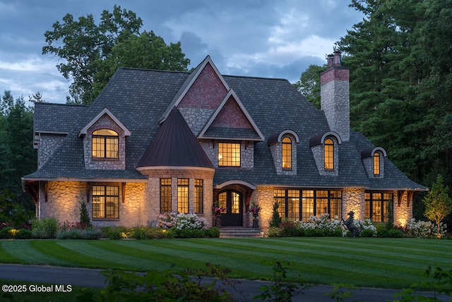 view of front facade featuring a front lawn, french doors, metal roof, a chimney, and a standing seam roof
