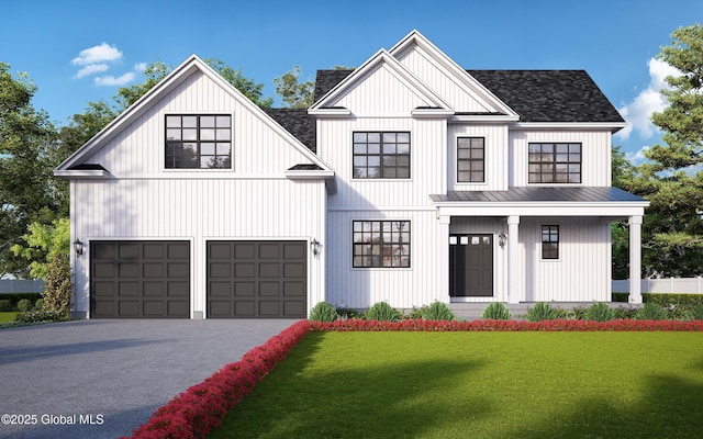 modern farmhouse style home featuring an attached garage, a front yard, roof with shingles, metal roof, and driveway
