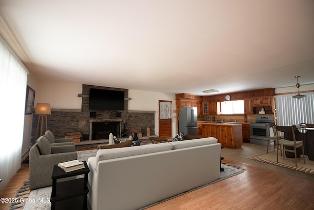 living room featuring light wood-style floors and a fireplace