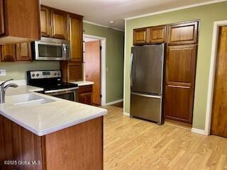 kitchen with a sink, light wood-type flooring, appliances with stainless steel finishes, and light countertops