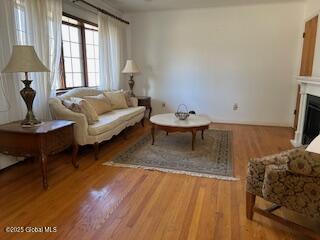 living area featuring wood finished floors and a fireplace