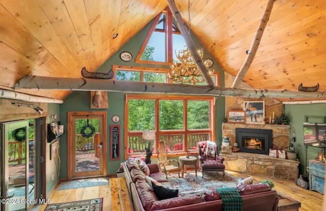 living room featuring high vaulted ceiling, wood ceiling, a fireplace, and hardwood / wood-style flooring