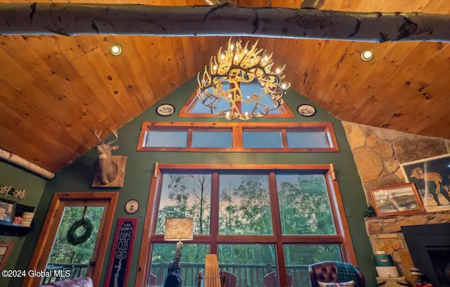 details with wooden ceiling, an inviting chandelier, and recessed lighting