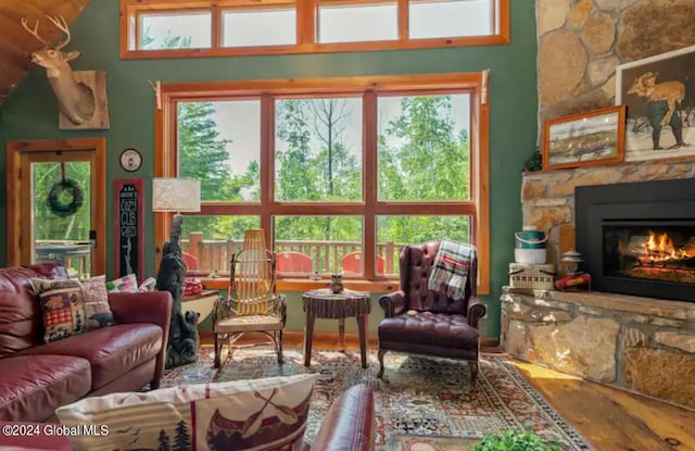 living room with a fireplace and wood finished floors