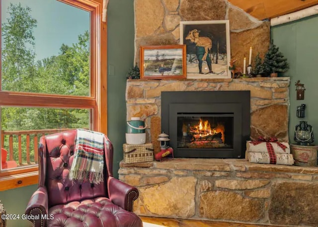 interior space with a stone fireplace