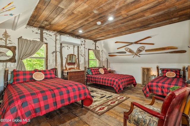 bedroom with lofted ceiling, wooden ceiling, hardwood / wood-style flooring, recessed lighting, and a wall mounted air conditioner