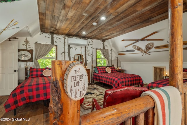 bedroom with a wall unit AC, wooden ceiling, lofted ceiling, wood finished floors, and recessed lighting